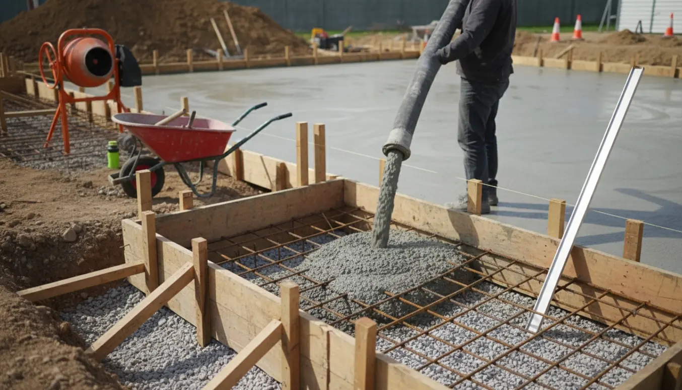 Støbning af randfundament og betongulv med forskalling, armering og våd beton på en byggeplads.