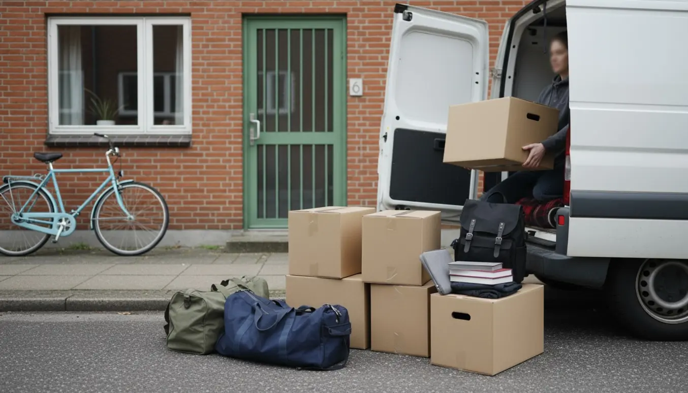 Flyttekasser med tøj og bøger læsses ind i en lille flyttevogn foran en rød murstensbygning i Brøndby.