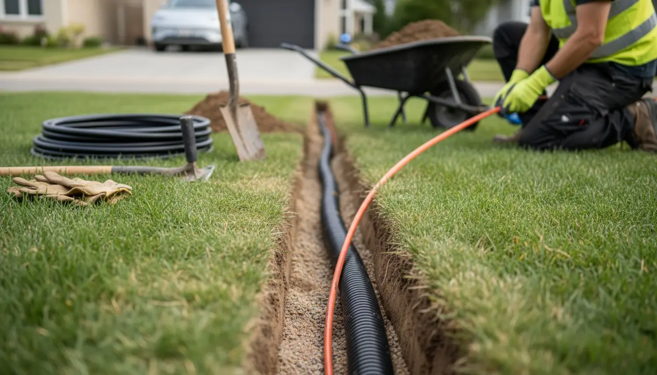 Nedgravet rende med korrugeret rør og kabel klar til installation af biloplader.