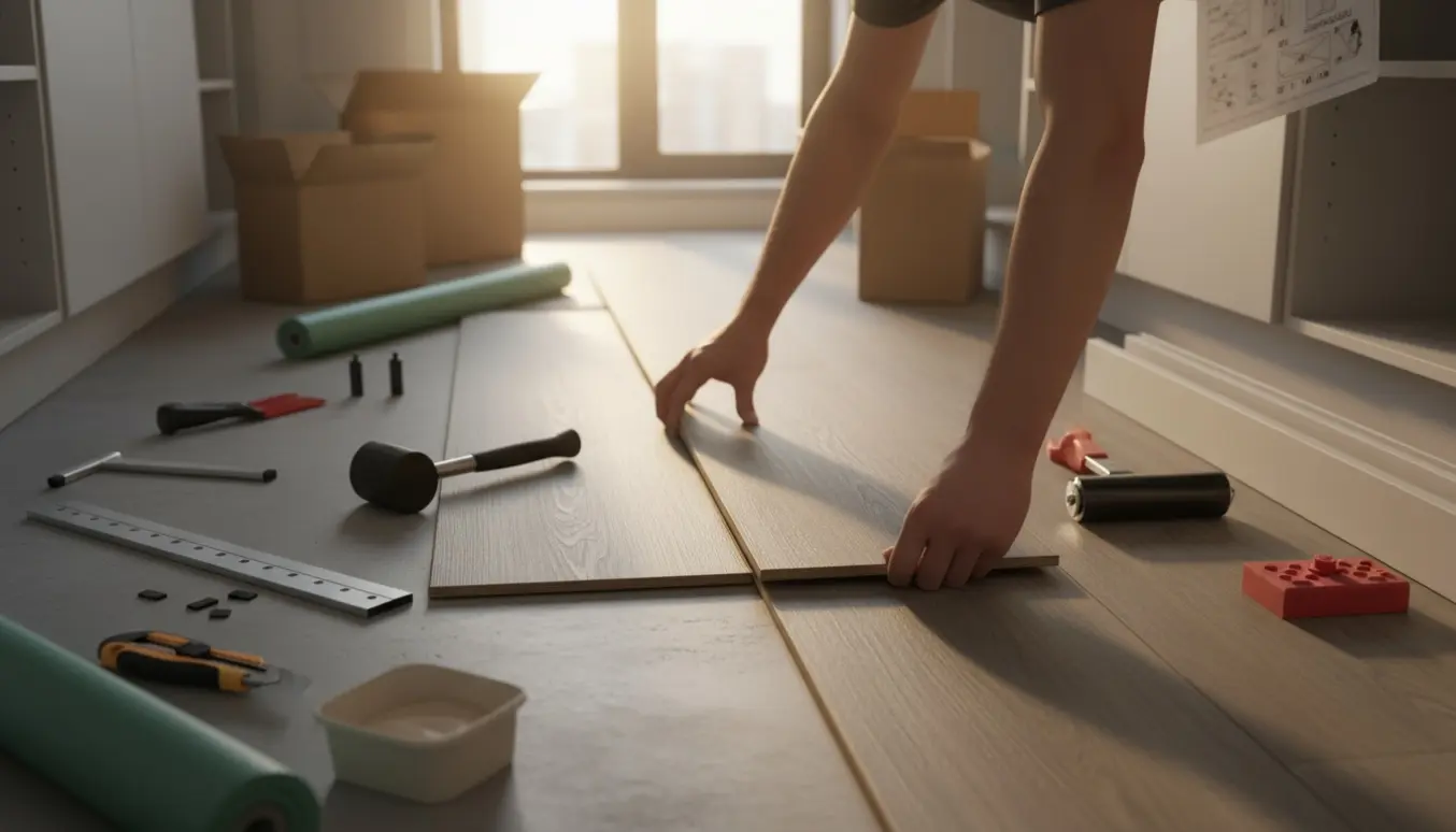Hænder, der lægger vinylgulv i et lille køkken med værktøj og naturligt lys.