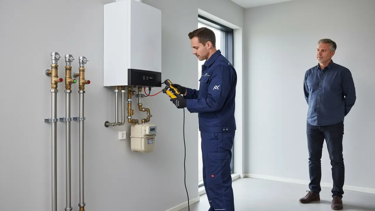 Autoriseret tekniker tjekker gasfyr og gasrør i hjemmet