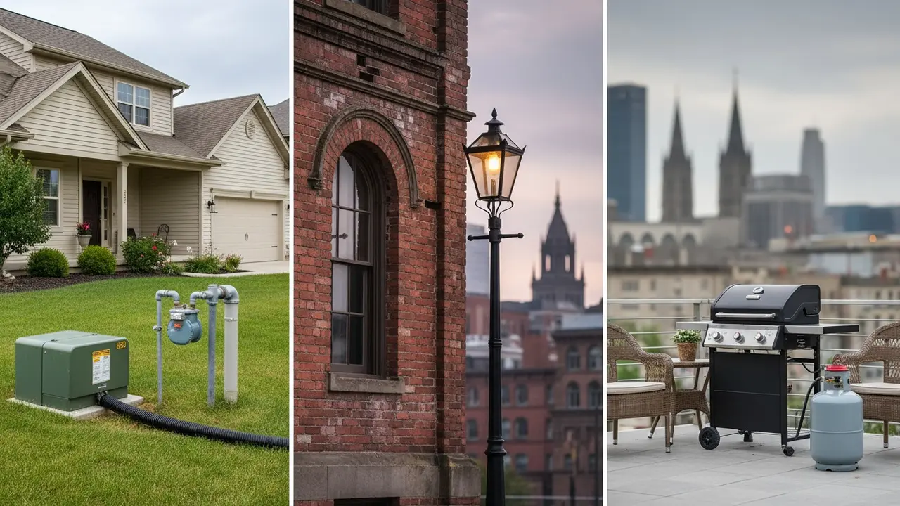 Sammenligning: naturgasledning, ældre bygasscene og flaskegas på terrasse