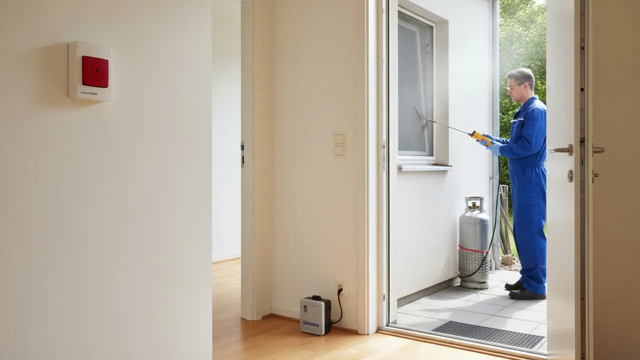 Kulilte- og gasdetektor monteret, tekniker måler og åbent vindue for ventilation