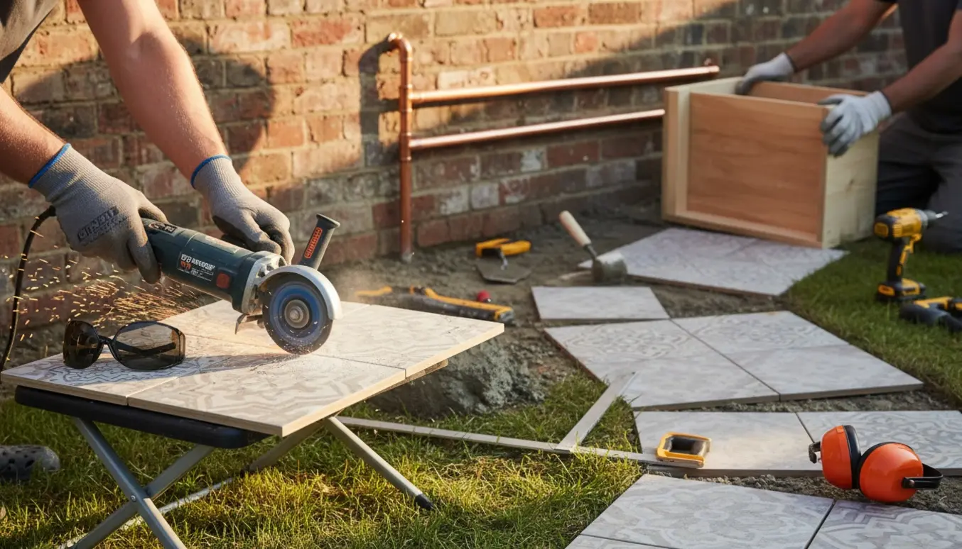 Hænder skærer en flise med vinkelsliber, mens fliser på en gang justeres og en trækasse sættes omkring rør.