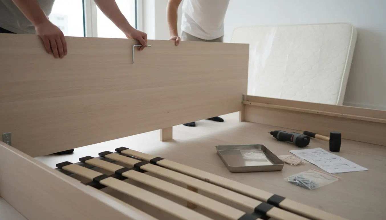 To personer monterer en fladpakket dobbeltseng i et lyst soveværelse med fokus på hænder og værktøj.