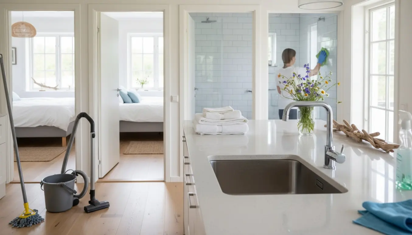 Soloplyst sommerhus efter udlejning med støvsuger, moppe, foldede håndklæder og nyredte senge.