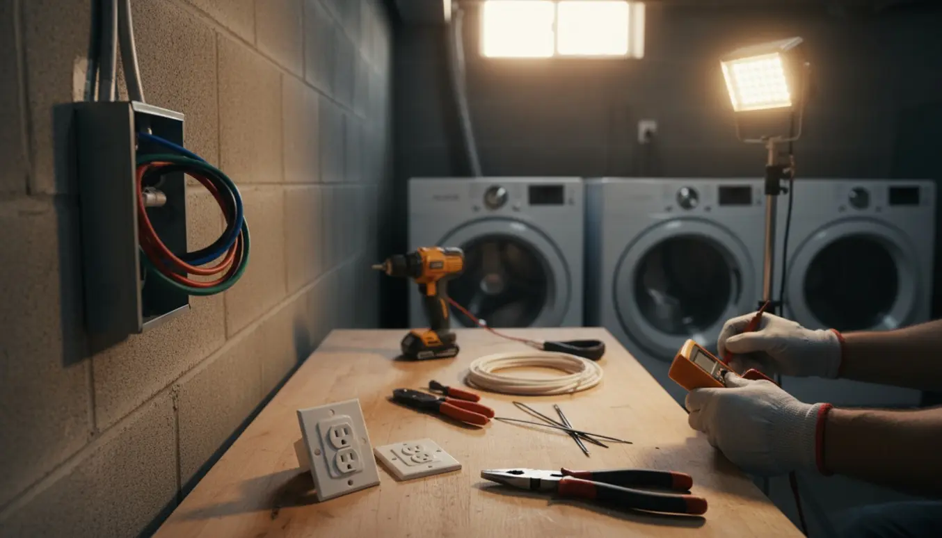 Elektriker i kælderrum omdanner et stærkstrømsstik til almindelige stik ved vaskemaskine og tørretumbler.