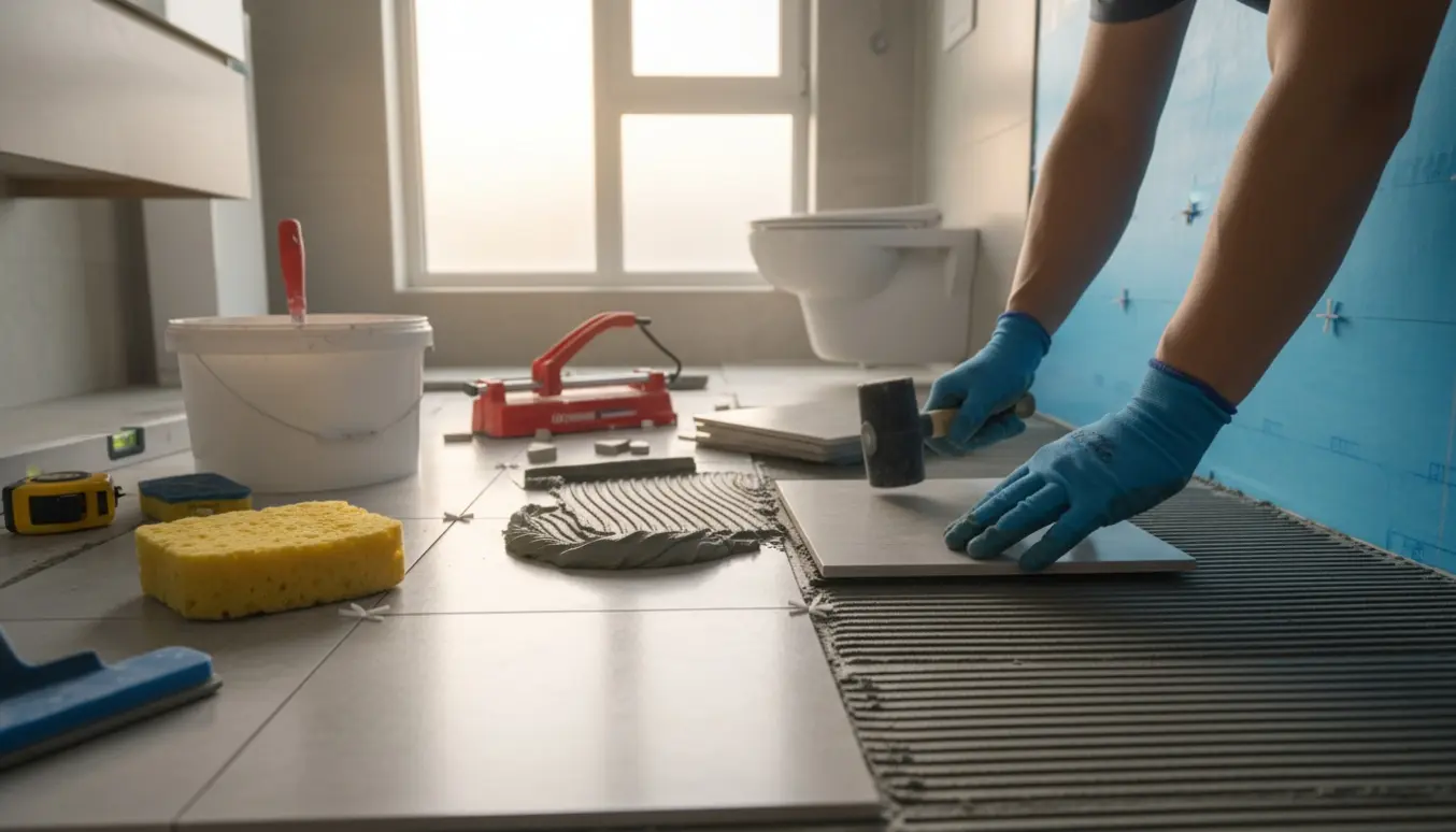 Nærbillede af gulvfliselægning i badeværelse med 15x15 cm fliser og værktøj.