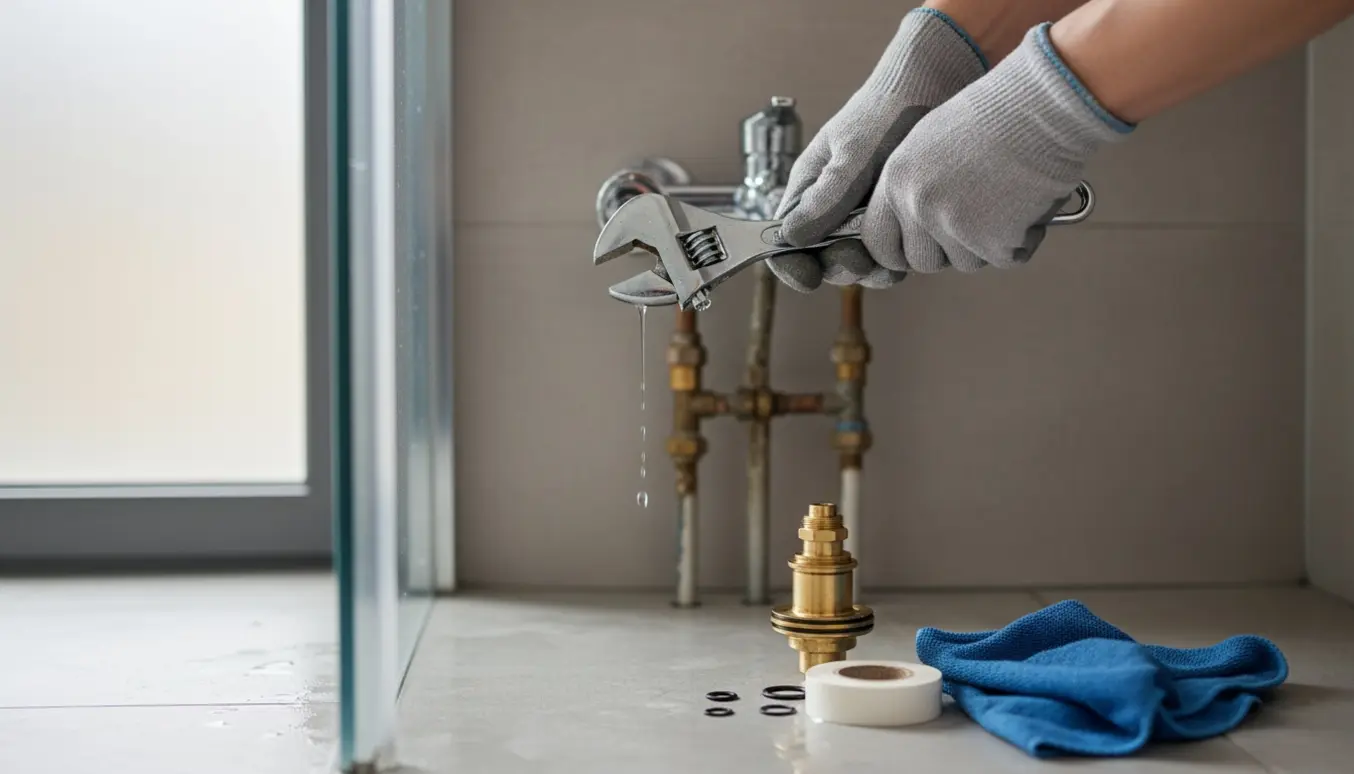 Nærbillede af et nyt bruseblandingsbatteri med dryppende koldtvandstilslutning, aftaget roset og værktøj ved siden af.