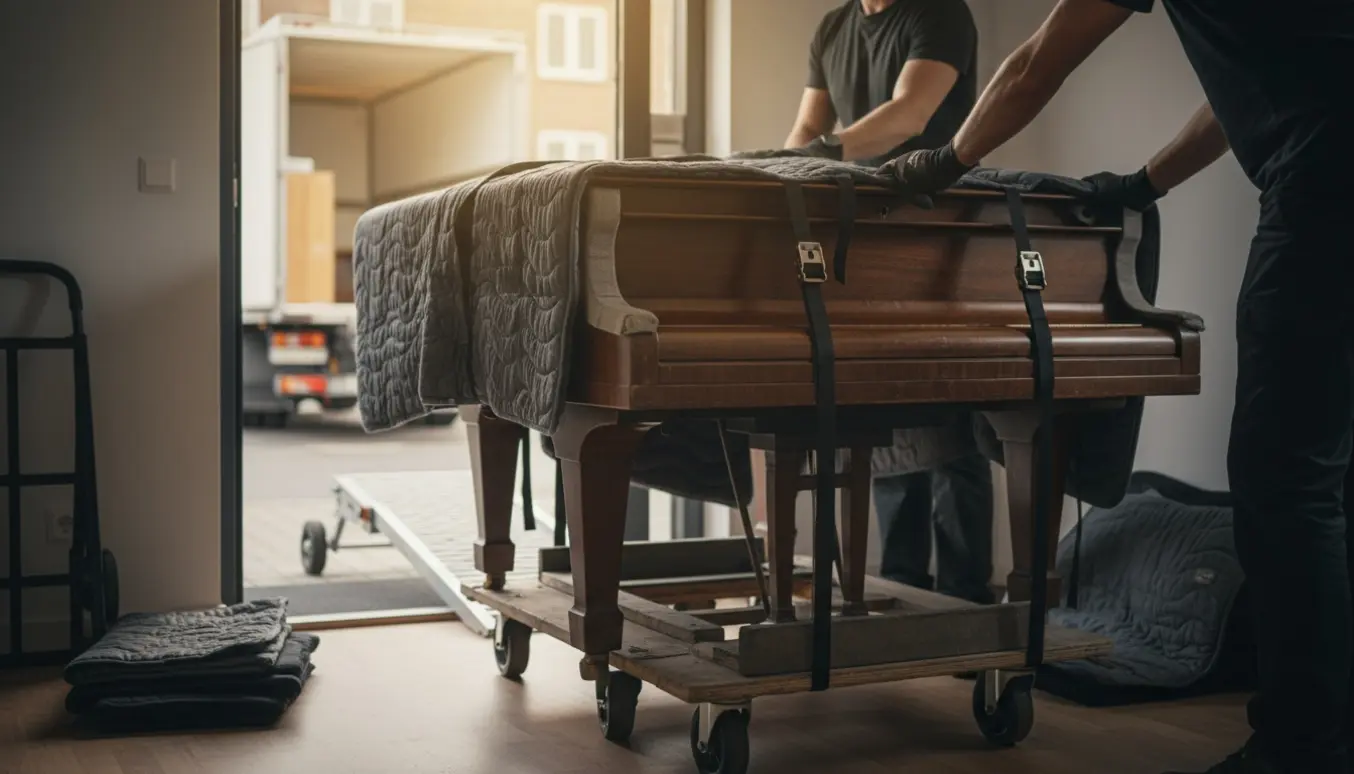 Et lille Hornung & Møller-flygel pakket i flyttetæpper på en dolly, mens det læsses ind i en flyttebil.
