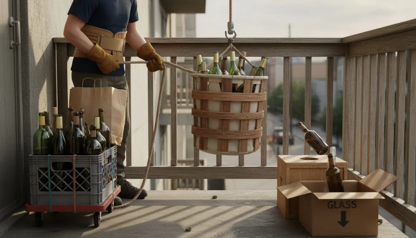 Tomme vin- og vodka-flasker sænkes fra 2. sal i en kurv til en genbrugscontainer, kun hænder er synlige.