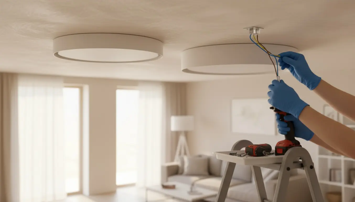 To loftslamper er i færd med at blive monteret i en stue, en sidder fast og den anden er under installation med handsker og stige.