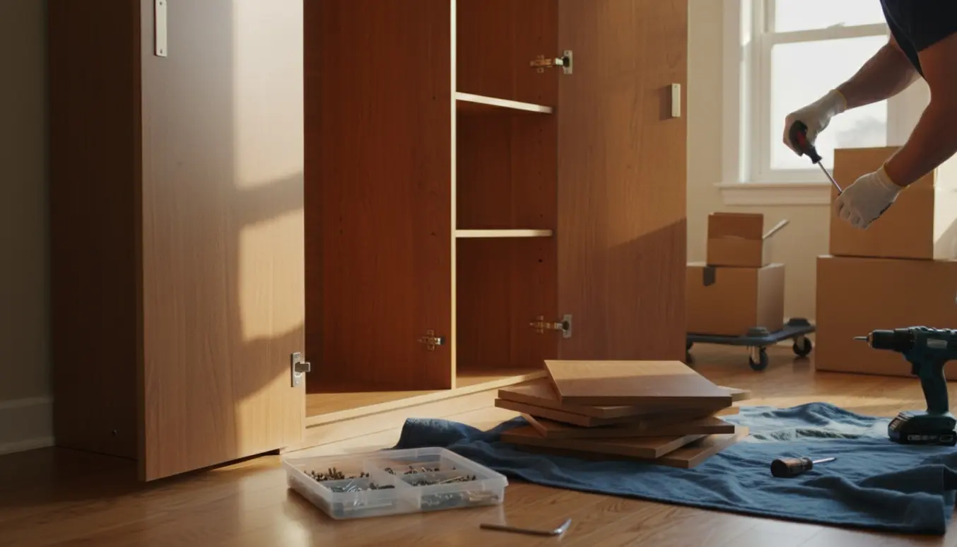 Nærbillede af nedmontering af garderobeskab med dør, hylder og skruer klar til flytning.