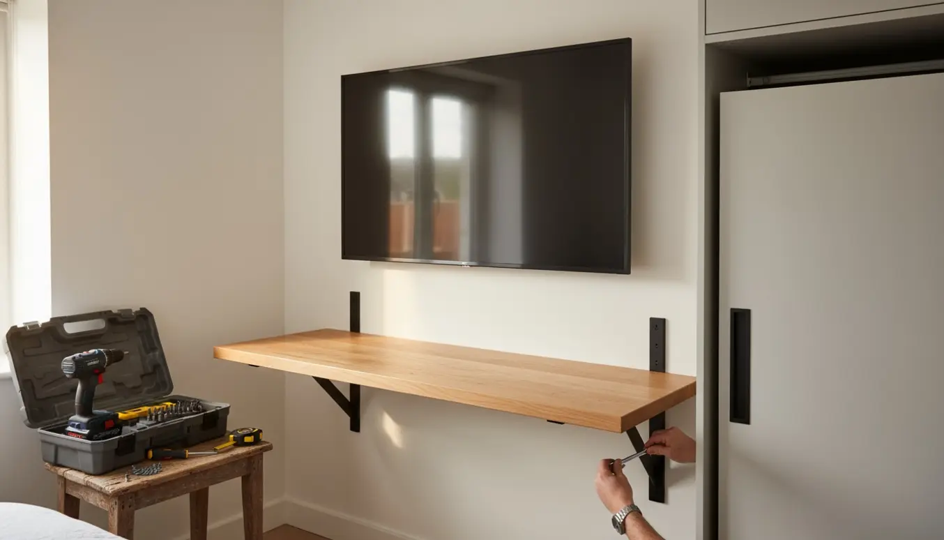 Egetræs skrivebord monteret på væg under en vægmonteret fladskærm, hænder justerer en skydedør i et klædeskab.