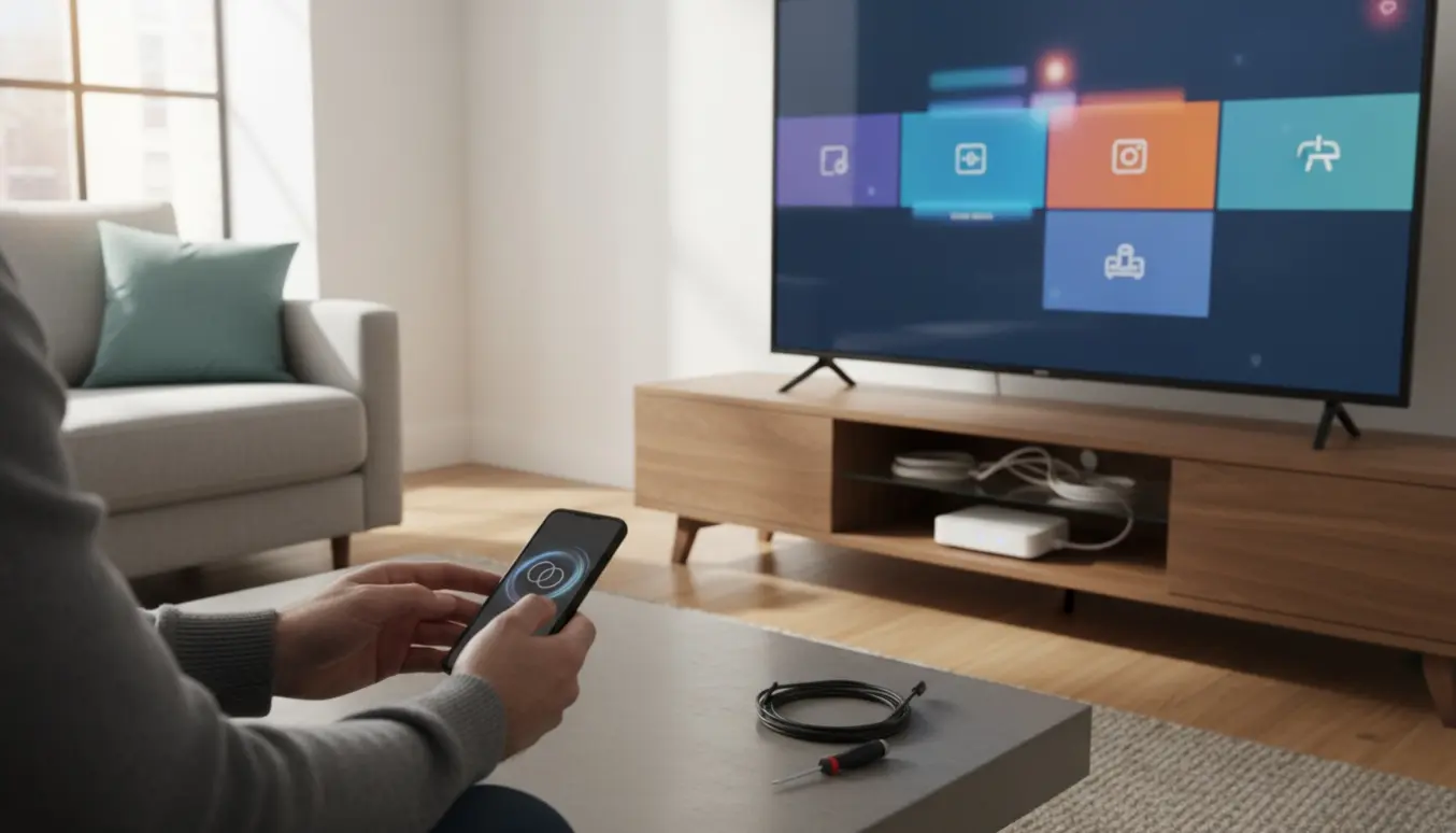 Hænder opsætter et smart-TV med fjernbetjening, smartphone, router og kabler i en lys stue.