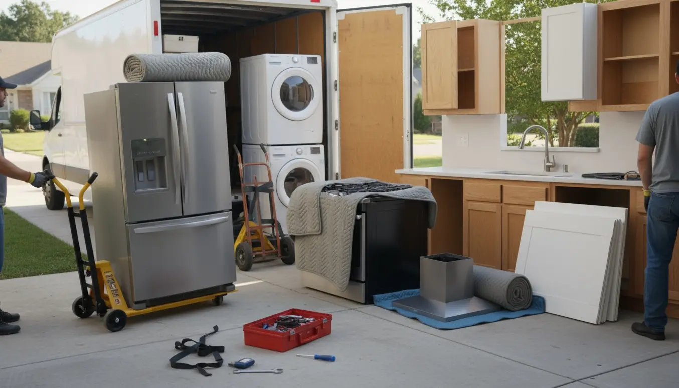 Flyttefolk læsser et nedtaget køkken og hvidevarer op i en varevogn på indkørslen.