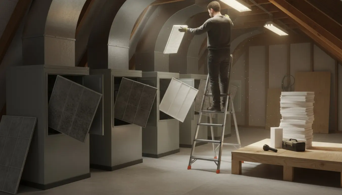 Tekniker skifter ventilationsfiltre i et let tilgængeligt loftsrum med fem enheder.