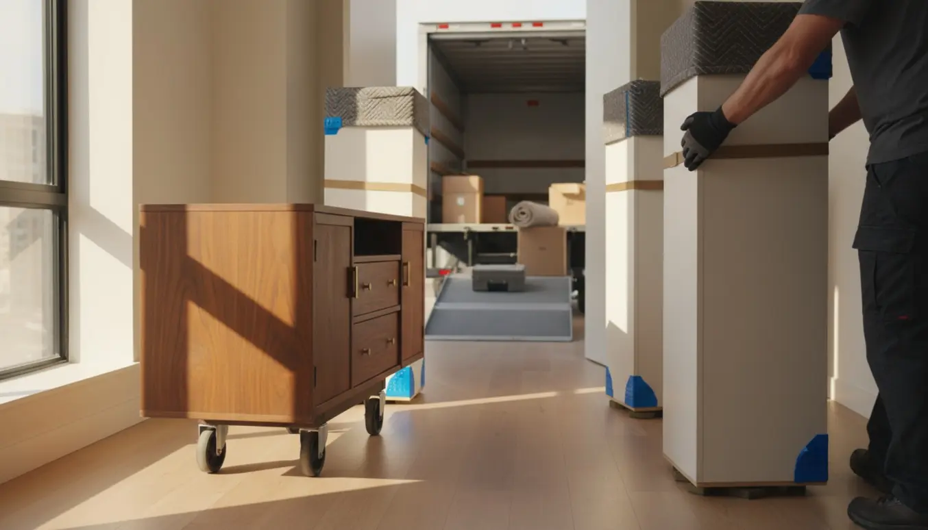 To flyttefolk bærer et TV-skænk og to skabe gennem en lys entré, kun hænder og rygge synlige.