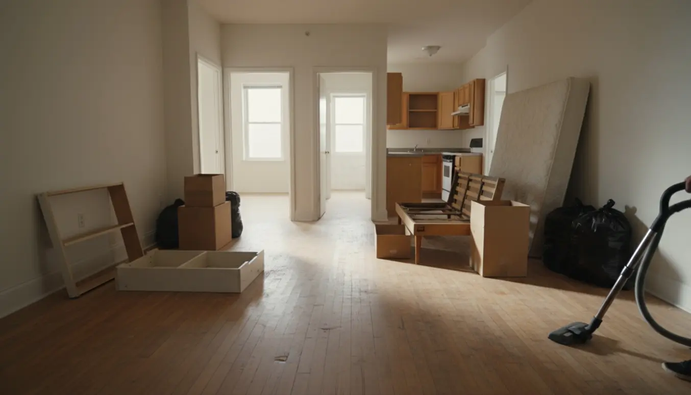 Næsten tom lejlighed med flyttekasser, en støvsuger og slidt gulv i naturligt lys.