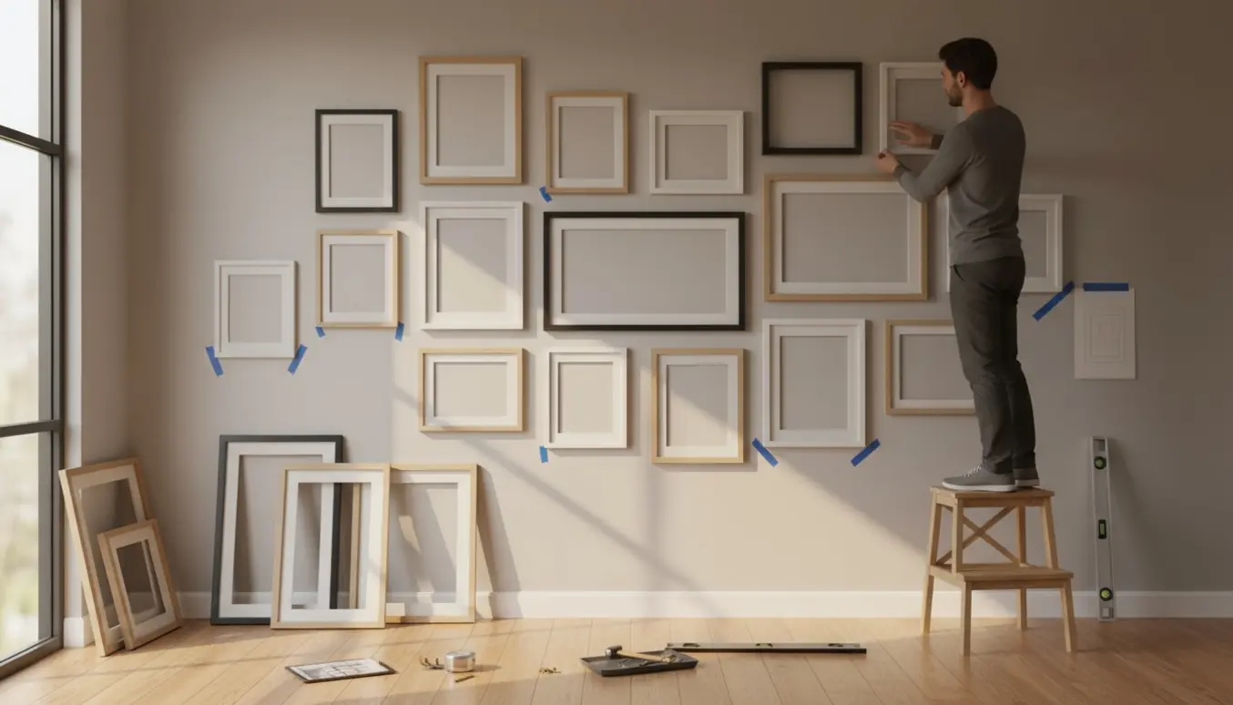 En person på en skammel hænger en billedevæg med 21 rammer på en lys, neutral stuevæg.