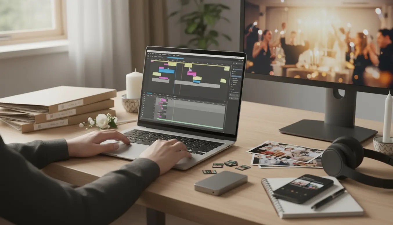 Nærbillede af et skrivebord med en bærbar, hænder ved trackpad og iMovie-redigering samt konfirmationsrekvisitter.