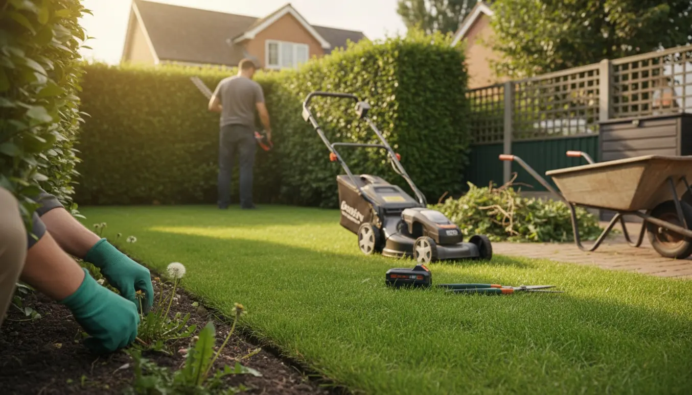 Lille have med hækklipning, en batteridrevet græsslåmaskine og håndrensning af ukrudt ved en plads til haveaffald.