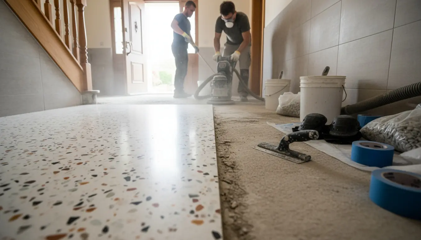 Halvfærdigt terazzogulv i opgang med slibemaskine, materialer og arbejdere uden synlige ansigter.