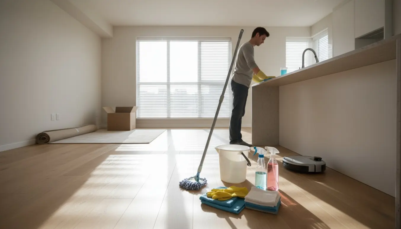 Person tørrer af i en lys, nybygget lejlighed under fraflytningsrengøring.