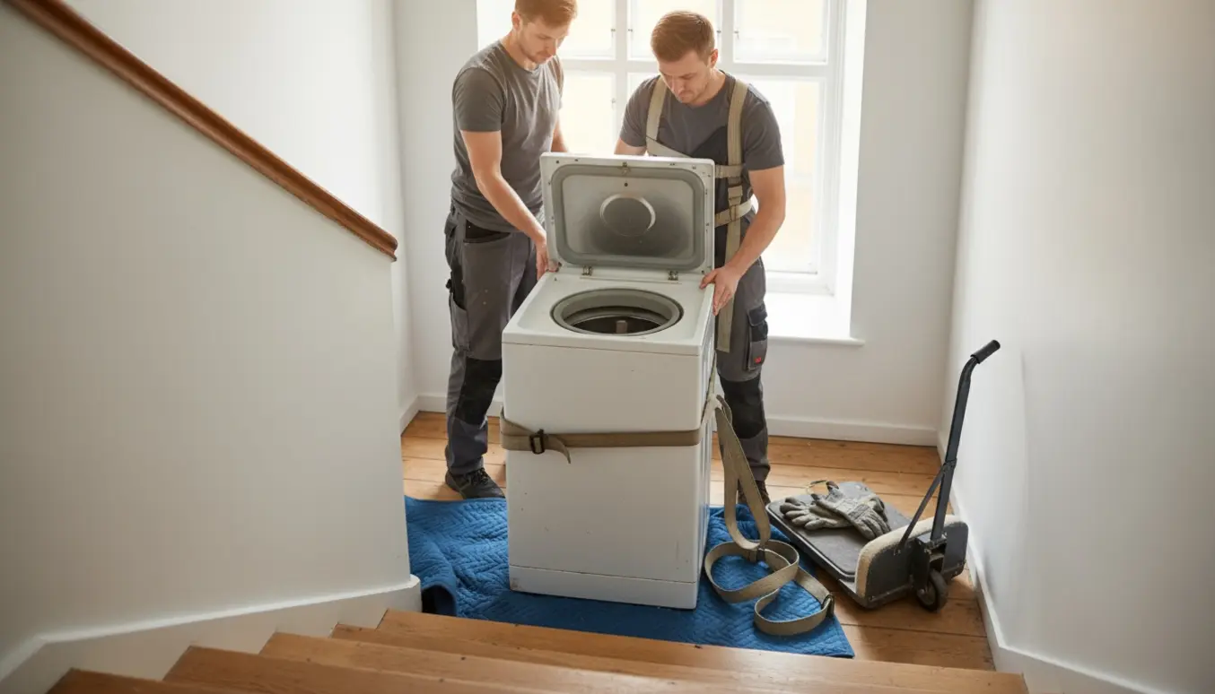 To flyttemænd bruger bæreseler om en ældre topbetjent vaskemaskine i en lys trappeopgang.