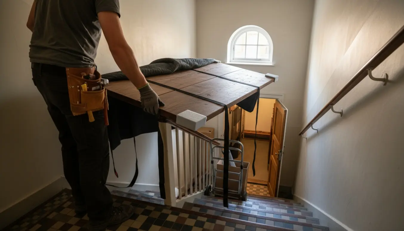 To personer bærer en tung træbordplade ned ad en smal københavnsk opgang mod kælderen, med handsker og beskyttelse, ansigter ikke tydelige.