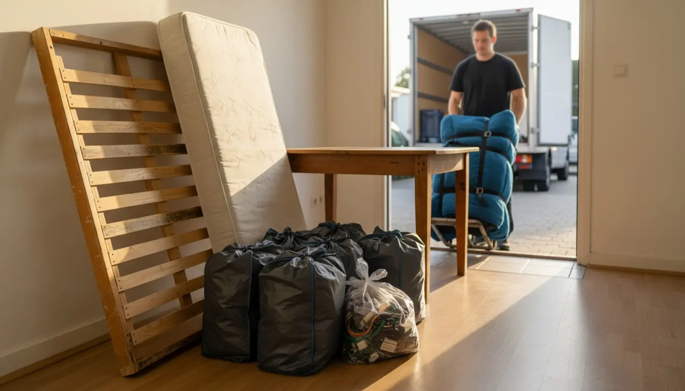 Stueetage med seng, bord, flere sække tøj og en pose elektronik klar til bortkørsel.