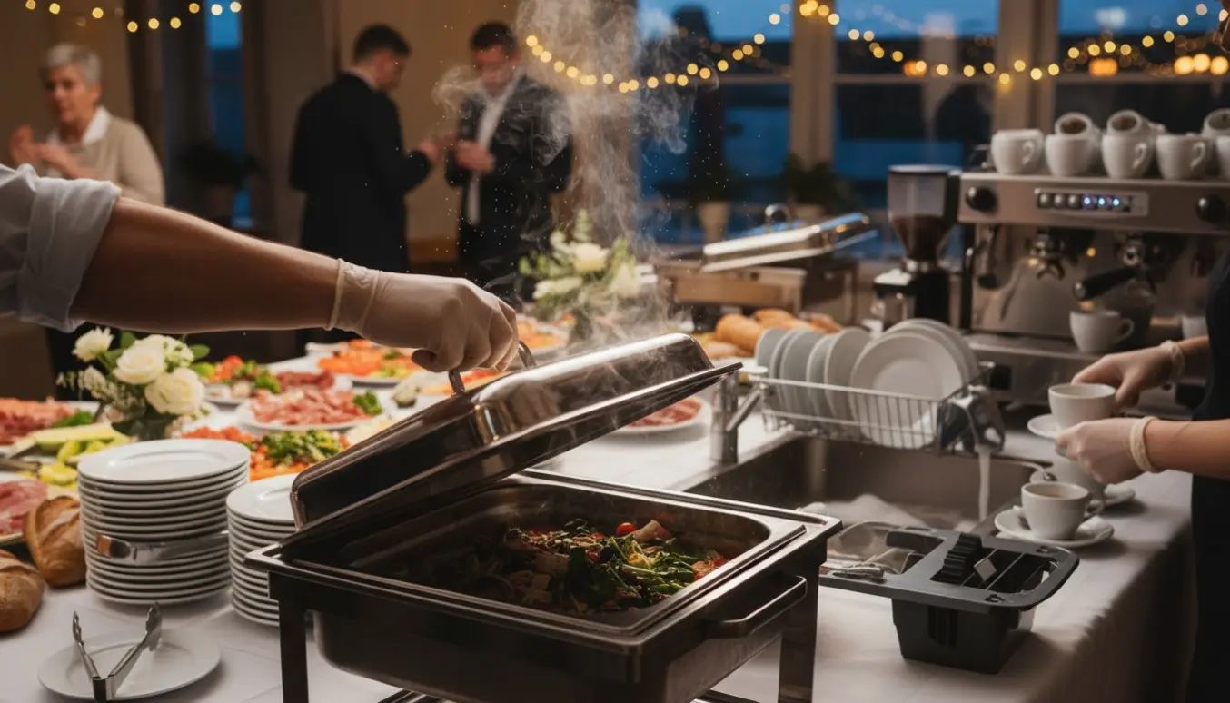 Buffetbord til konfirmation med varme fade, stabler af tallerkener, kaffemaskine og hænder i arbejde.