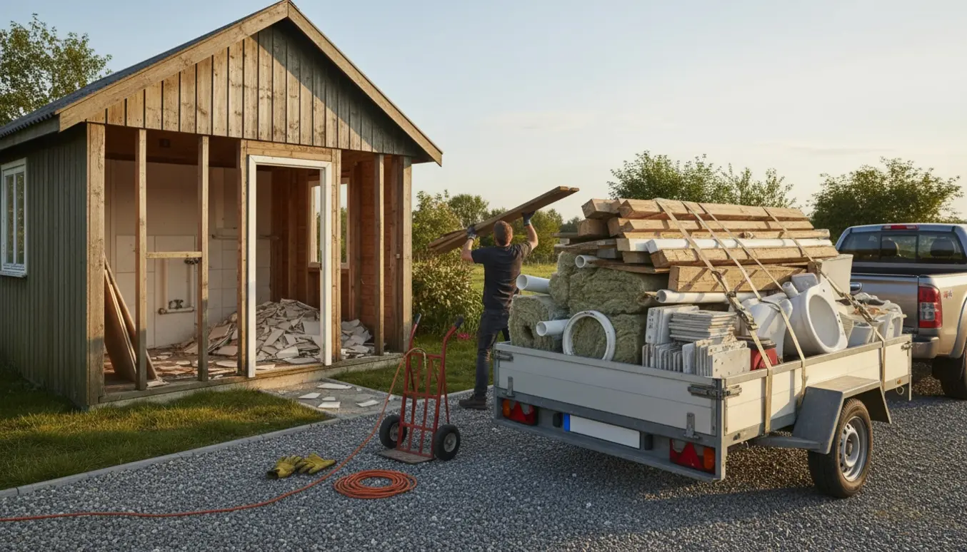 Et læs storskrald fra sommerhusrenovering med træ, gips og badeværelsesdele læsset i en trailer ved siden af huset.