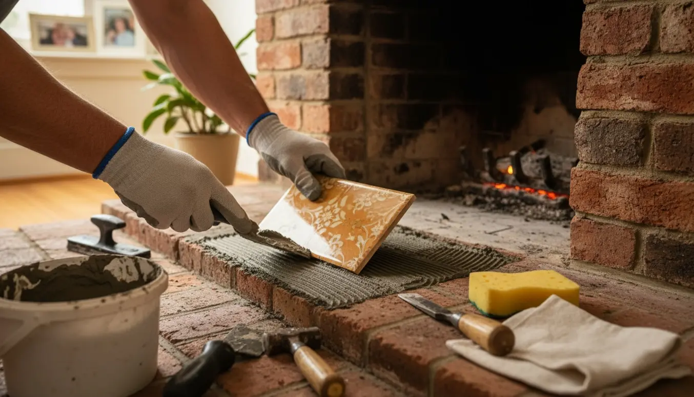 Nærbillede af murerhænder, der reparerer en løs flise ved en pejs med mørtel og værktøj.