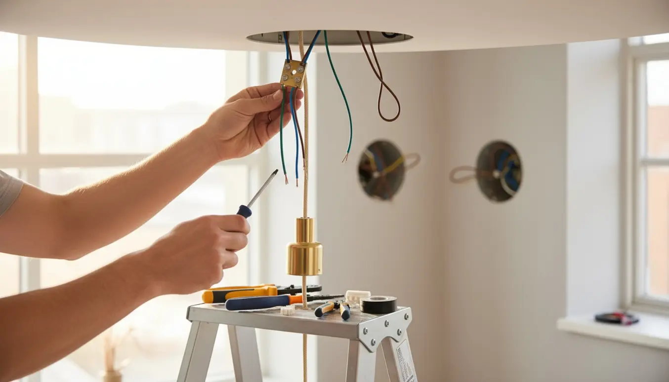 Nærbillede af hænder, der forbinder brun, blå og grøn-gul ledning til en loftlampe med værktøj ved siden af.