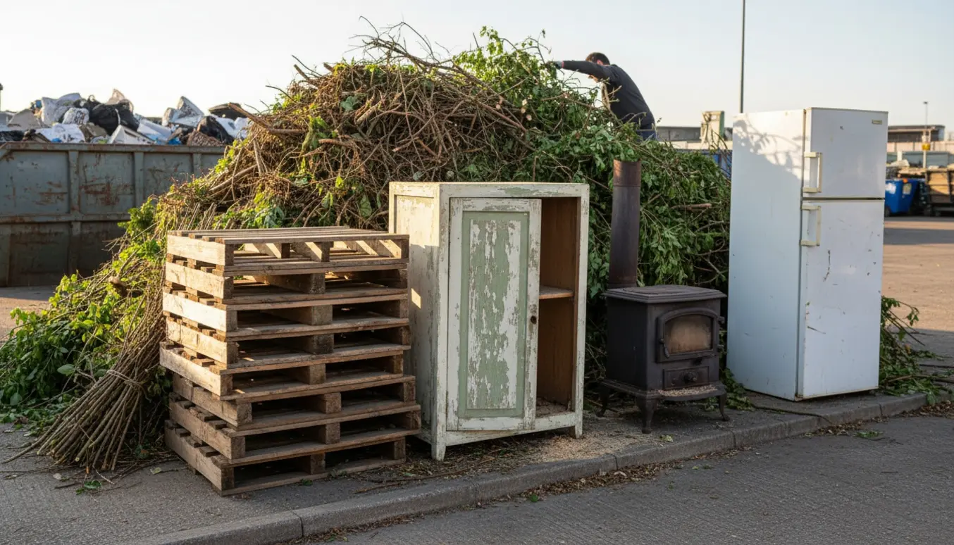Affald på genbrugsplads med haveaffald, stabler af paller, et skab, en brændeovn og et stort køleskab.