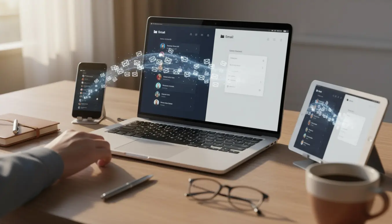 Bærbar på skrivebord viser e-mailmigration med konvolutter, der bevæger sig fra venstre til højre skærm.