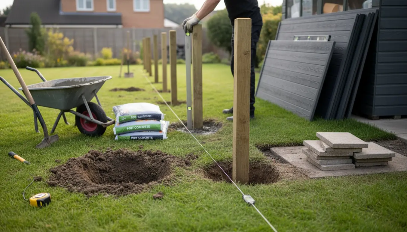 Opsætning af 13 m komposithegn i baghave med stolper i huller, stolpebeton og fjernede fliser ved hegnslinjen.