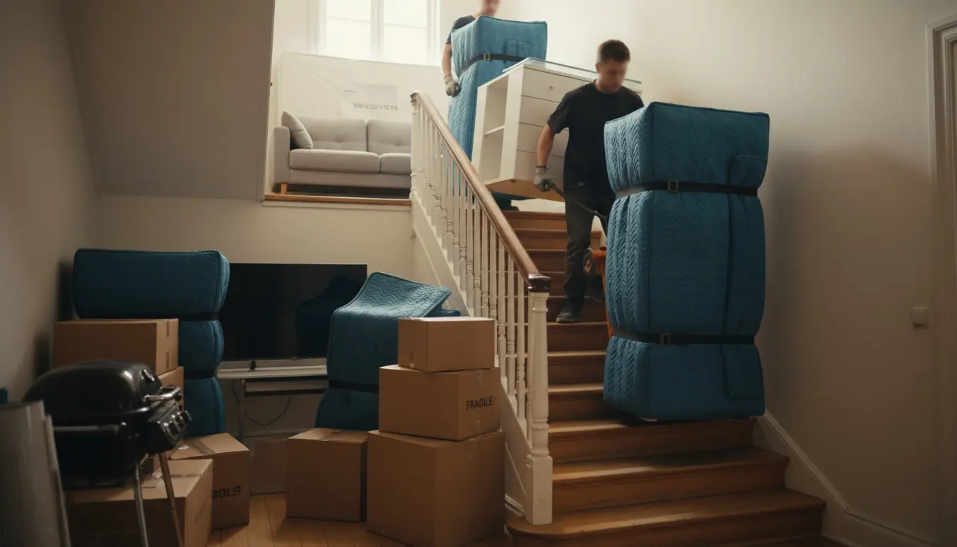 To flyttefolk bærer store møbler og flyttekasser op ad en smal naboopgang i blødt dagslys.