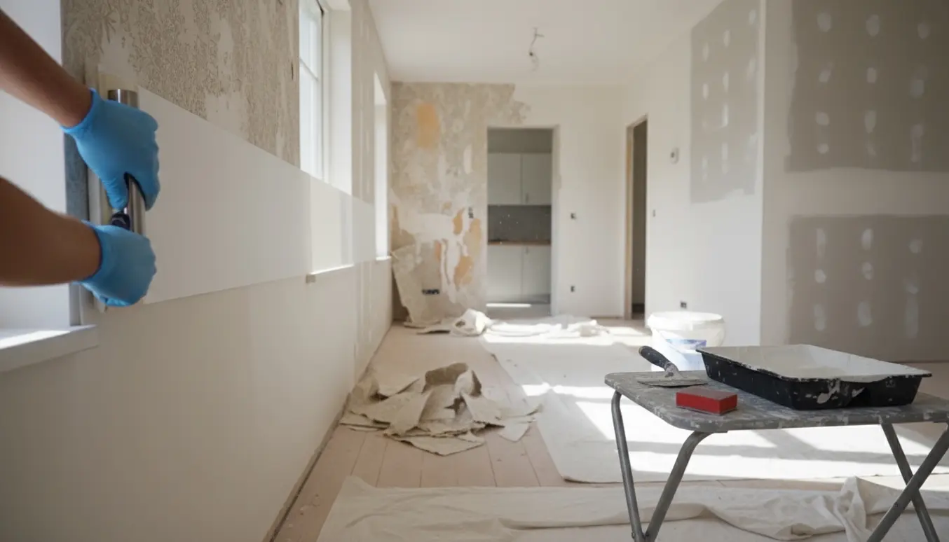 Hænder monterer filt og maler hvide vægge i et rækkehus under renovering.