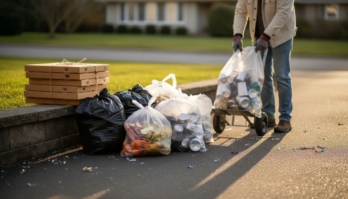 Stablet pap og sorterede plastikposer med madaffald og restaffald i indkørsel, en hjælper med handsker læsser sække på en trille.