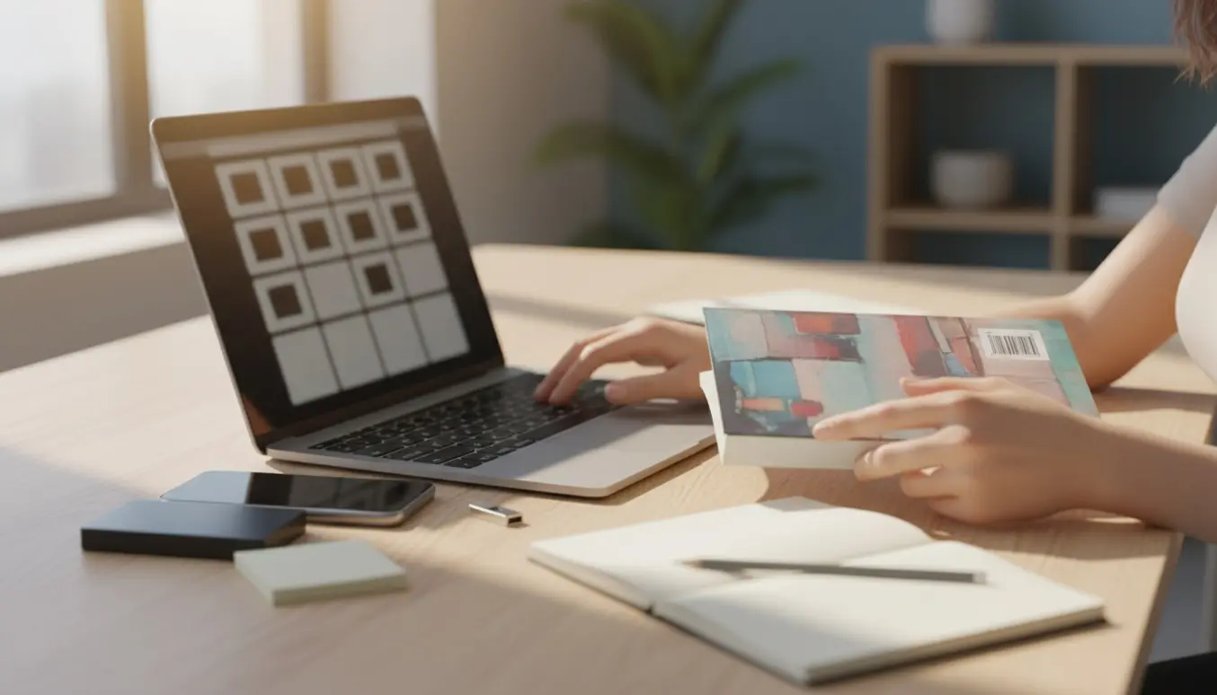 Et moderne skrivebord med en bærbar computer, en bogproof og hænder, der arbejder med registrering og små it-opgaver.