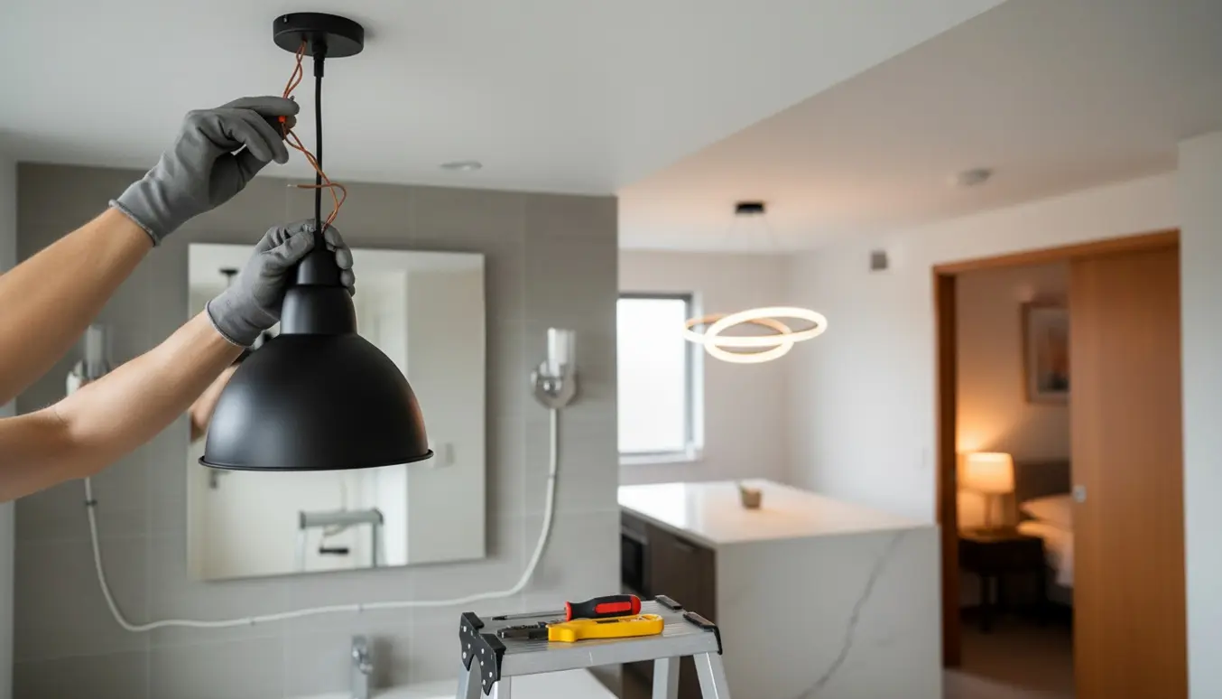 Hænder monterer en pendel i et moderne hjem med væglamper ved spejl, køkkenlampe og natbordslampe i baggrunden.