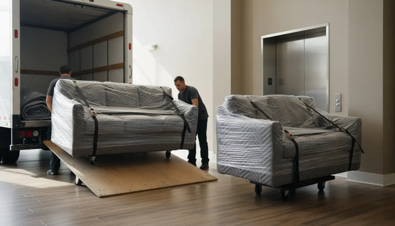 To store trepersoners sofaer dækket af flyttetæpper på vej fra varevogn ind i en lejlighedselevator.