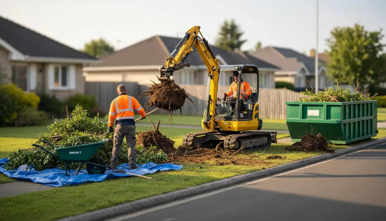 Mini gravemaskine rydder en forhave for buske og små træer med bunker af haveaffald og arbejdere set bagfra.