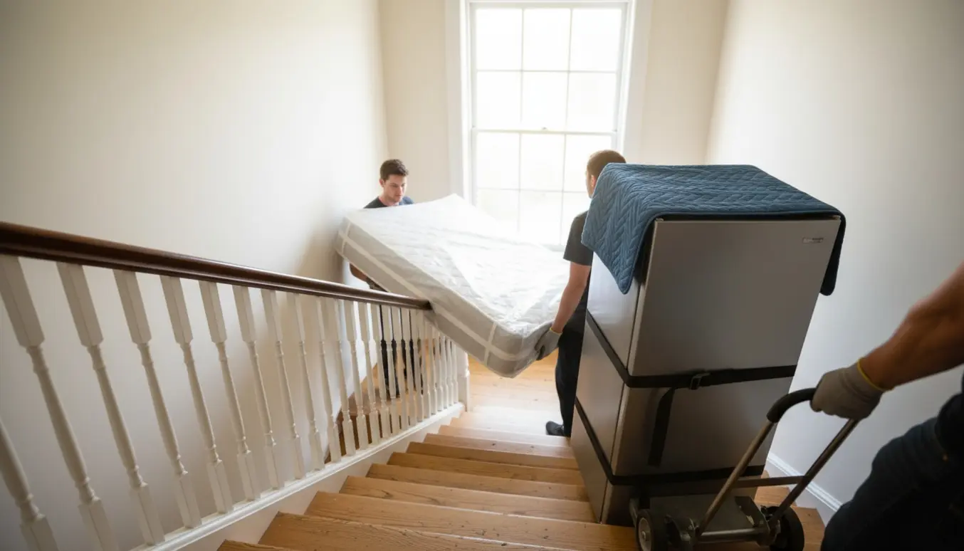 Flyttemænd bærer en indpakket boxmadras og trækker et køleskab på en trille ned ad en bred opgang på 1. sal.