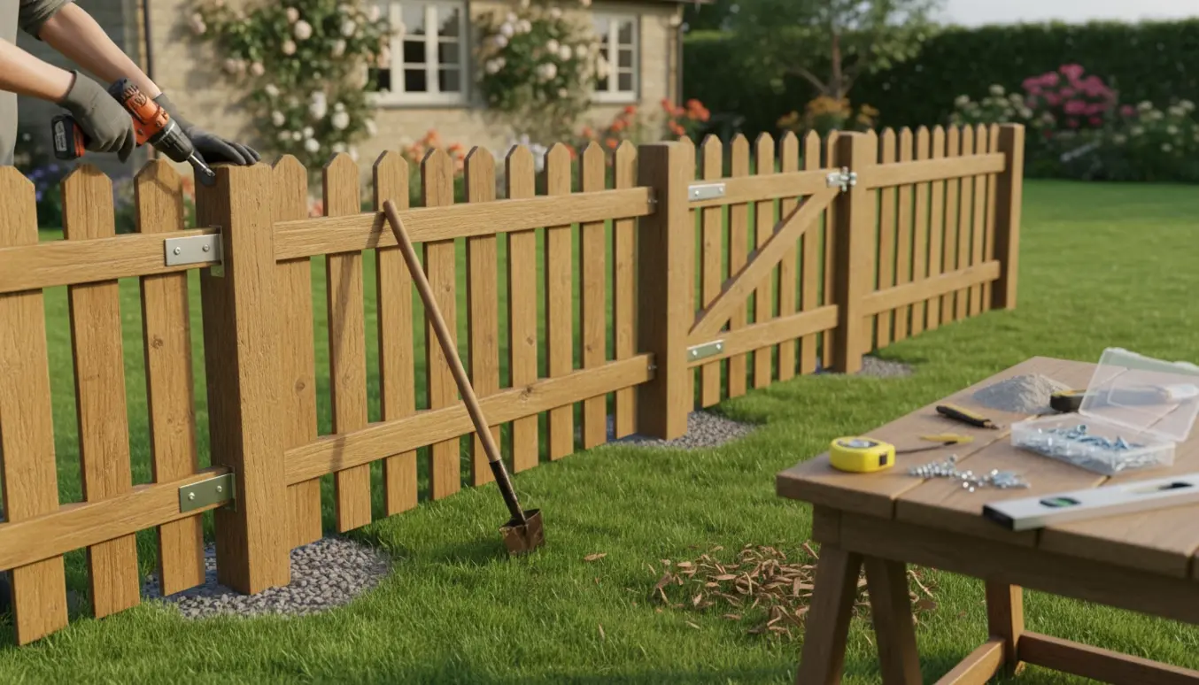 Opsætning af et skagen-inspireret træstakit med låge og værktøj i forhaven.