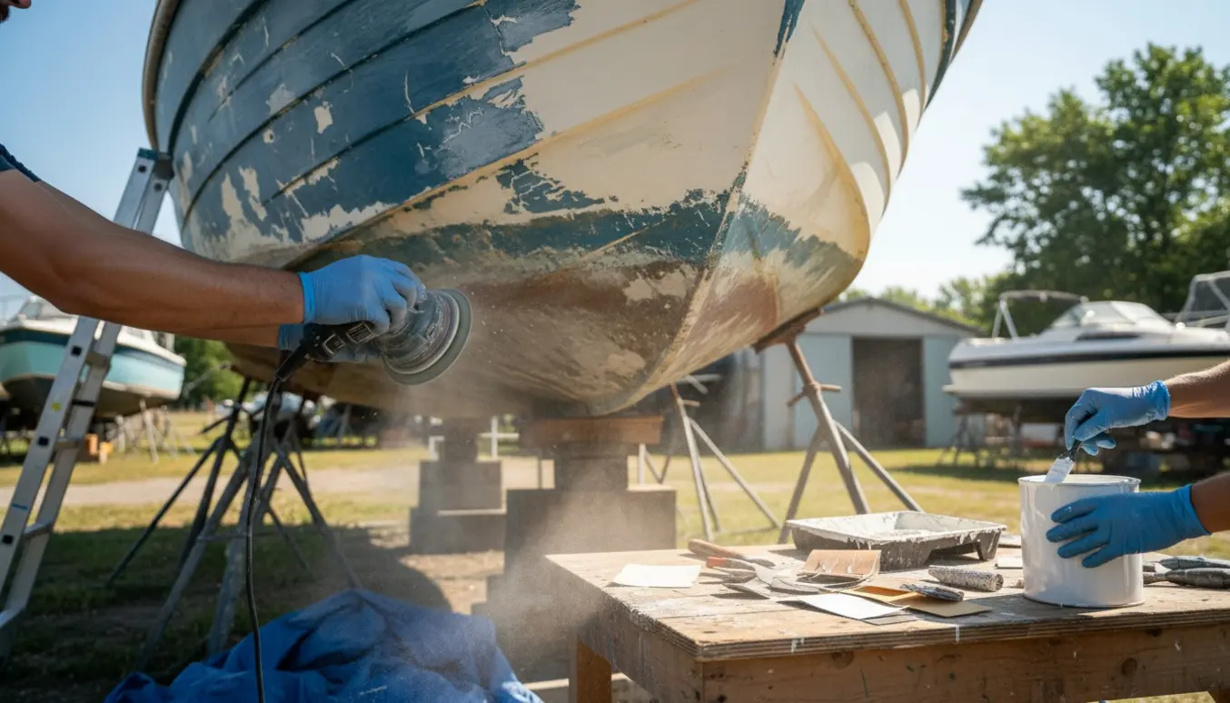 Båd på land omgivet af værktøj og malerbøtter klar til reparation i sommersol.