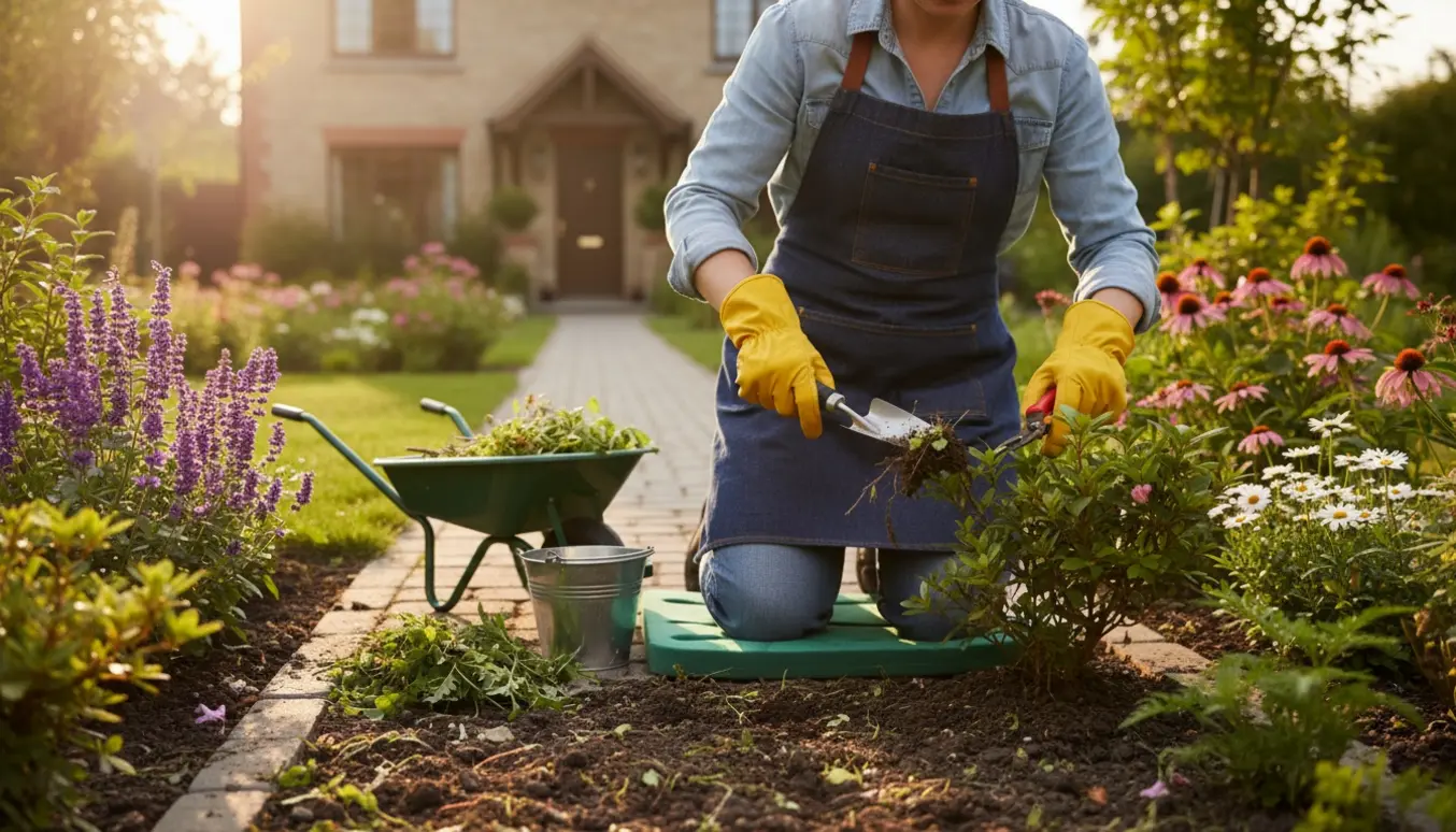 Hænder i haverhandsker fjerner ukrudt og beskærer buske i en solbelyst forhave med en spand til grønt affald.