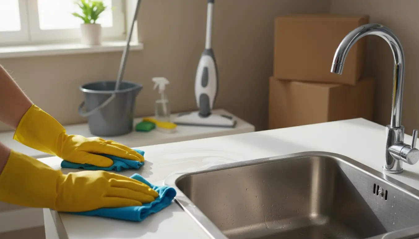 Hænder i gummihandsker tørrer en køkkenvask og bordplade klar til flyttesyn.